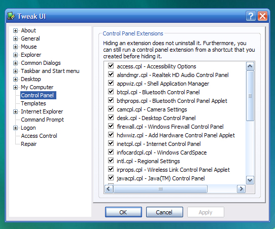 Menú de Tweak UI Control Panel